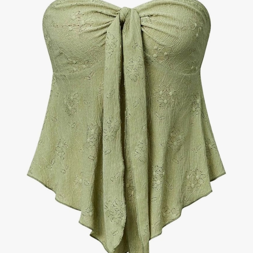 Green Knot Bow Front Eyelet Embroidery Textured Strapless Tube Tops